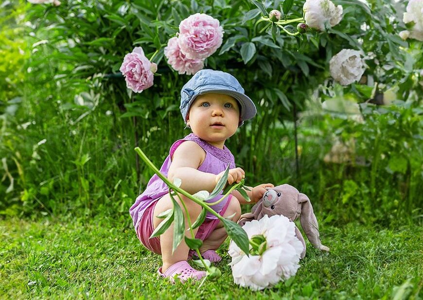 Pieni tyttö kesällä, pioni ja pupu kädessä.